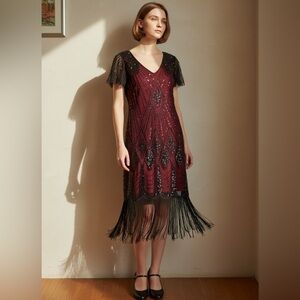 1920s Style Flapper Elegant Burgundy Sequined Fringe Cocktail Dress Size L